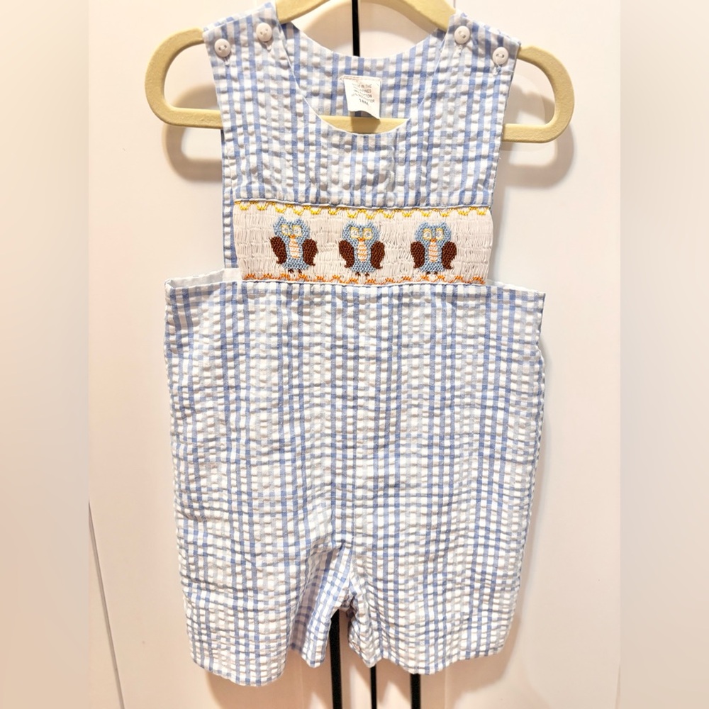 Blue and White Smocked Baby Romper with owls